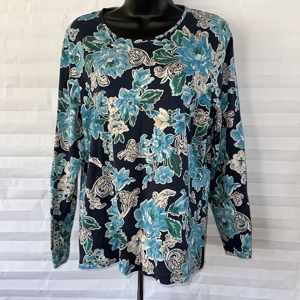 Croft & Barrow Scoop Neck Blouse Long Sleeve Blue/Green Floral Pattern Size 0X
